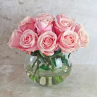 Rose Flower Arrangement in Glass Fishbowl Vase - Pink - Image 3