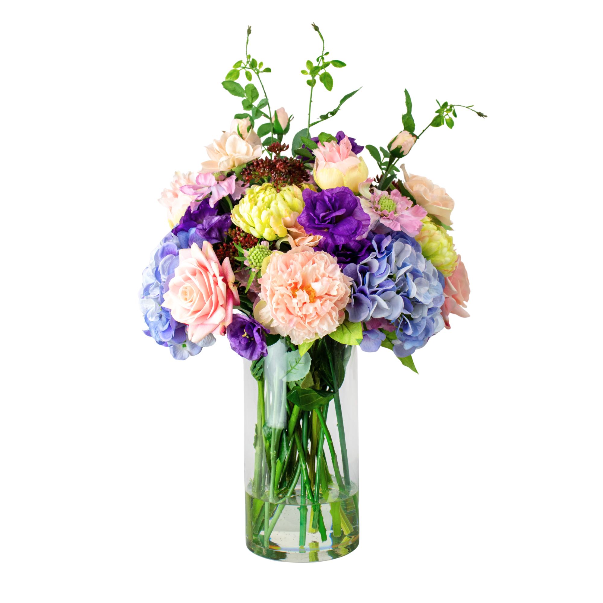 Large Blue and Lavender Mixed Floral Arrangement in Cylindrical Glass Vase – 70cm