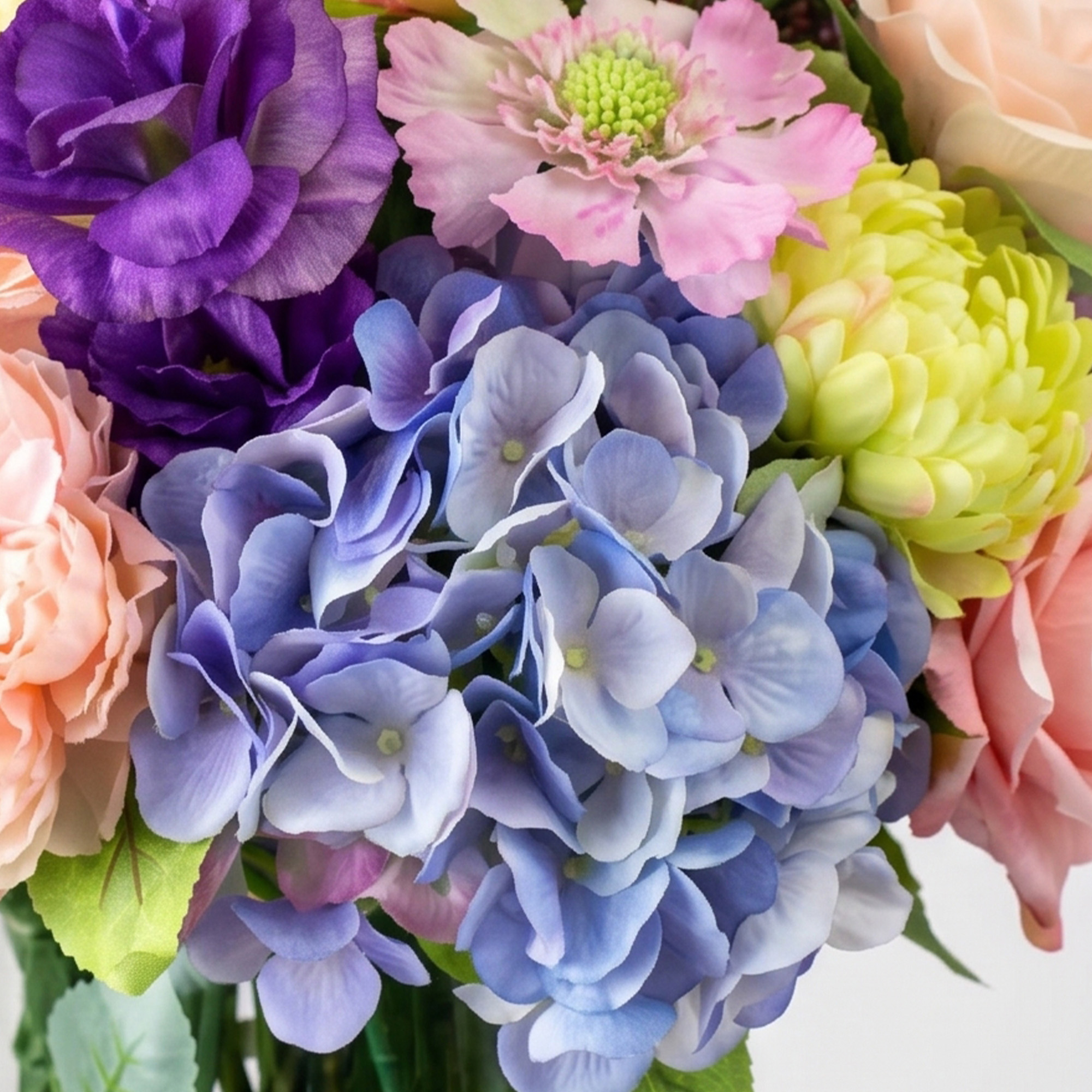 Large Blue and Lavender Mixed Floral Arrangement in Cylindrical Glass Vase – 70cm