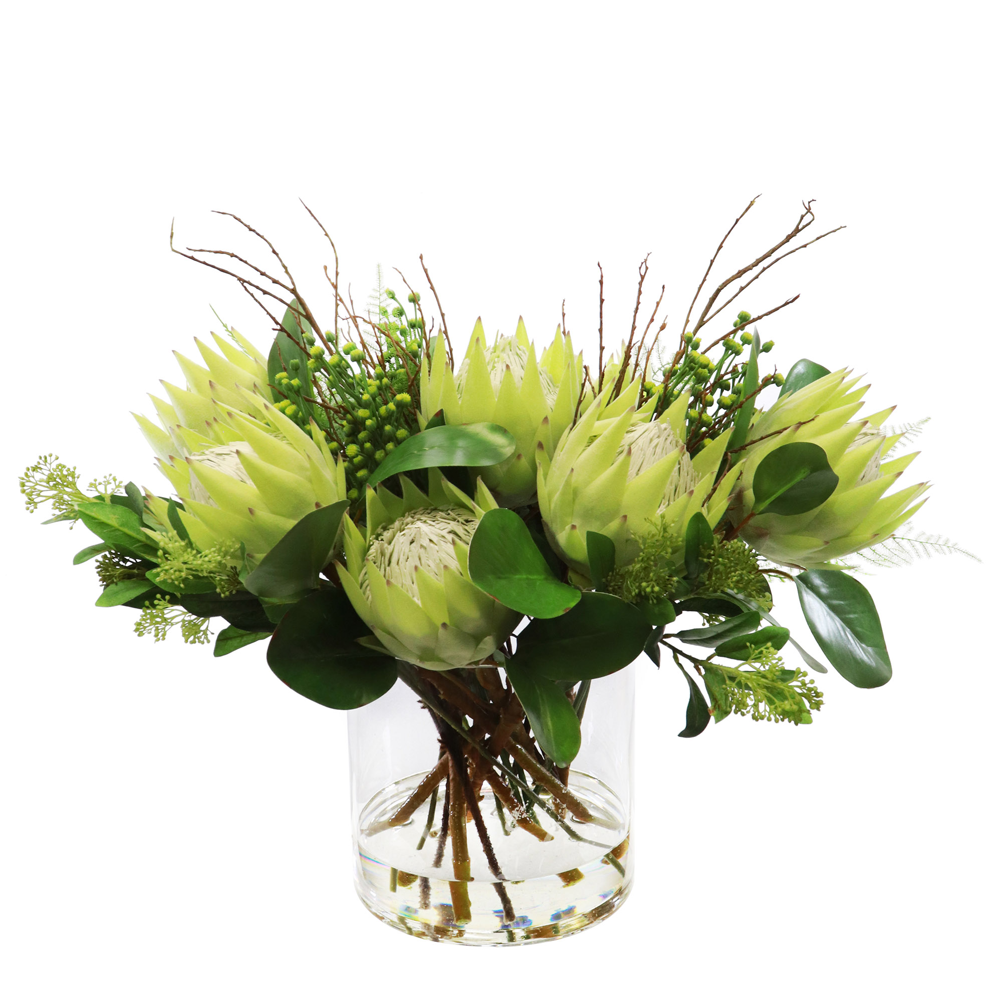 GREEN KING PROTEA WITH FERN AND DAISY BUDS