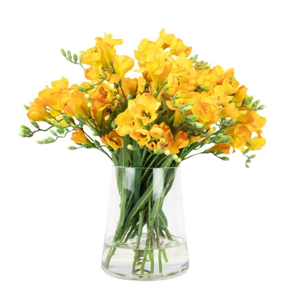 ORANGE FREESIA SPRAY IN clear tapered GLASS VASE