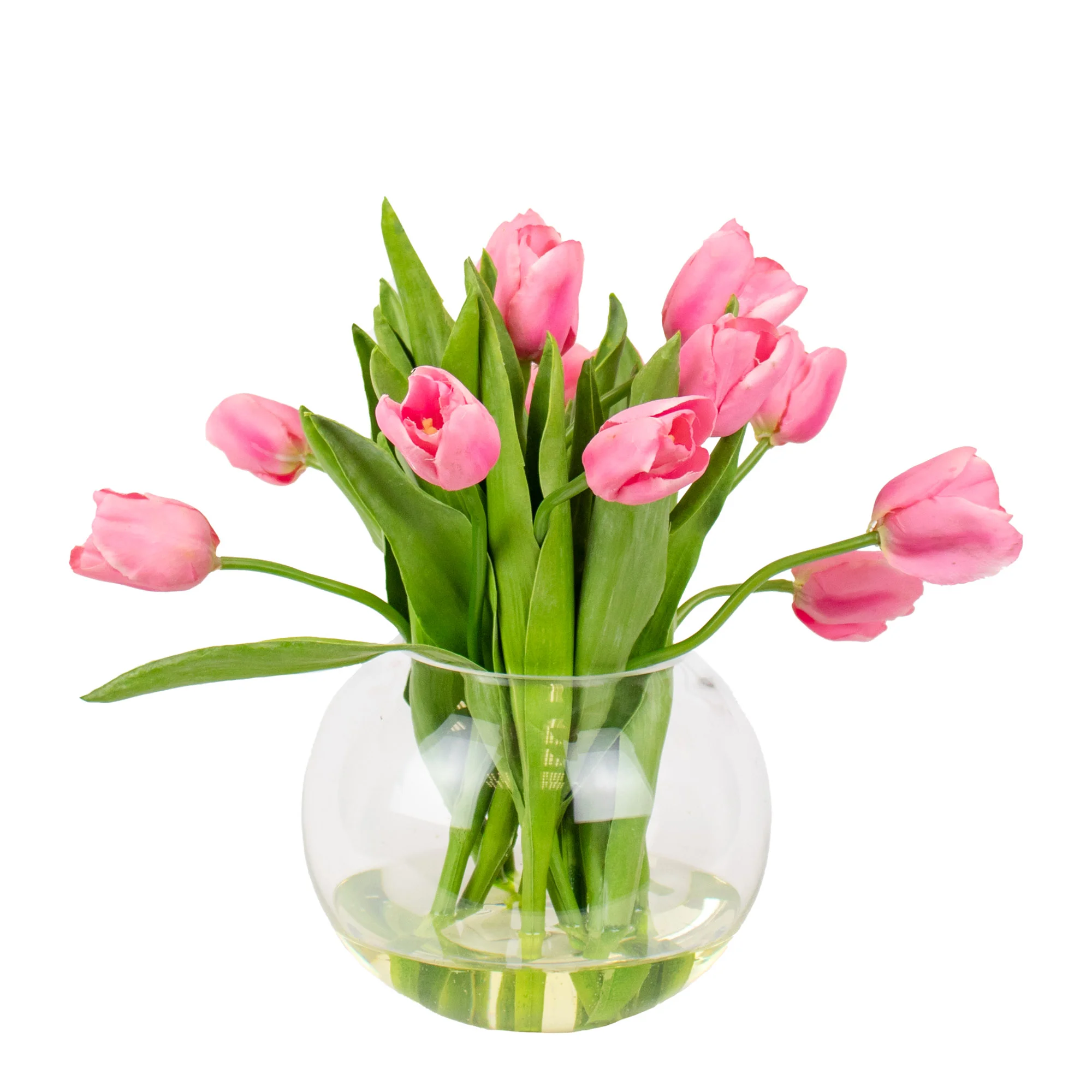 PINK TULIPS IN CLEAR GLASS ROSE BOWL VASE
