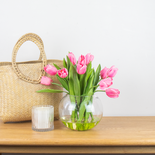PINK TULIPS IN CLEAR GLASS ROSE BOWL VASE