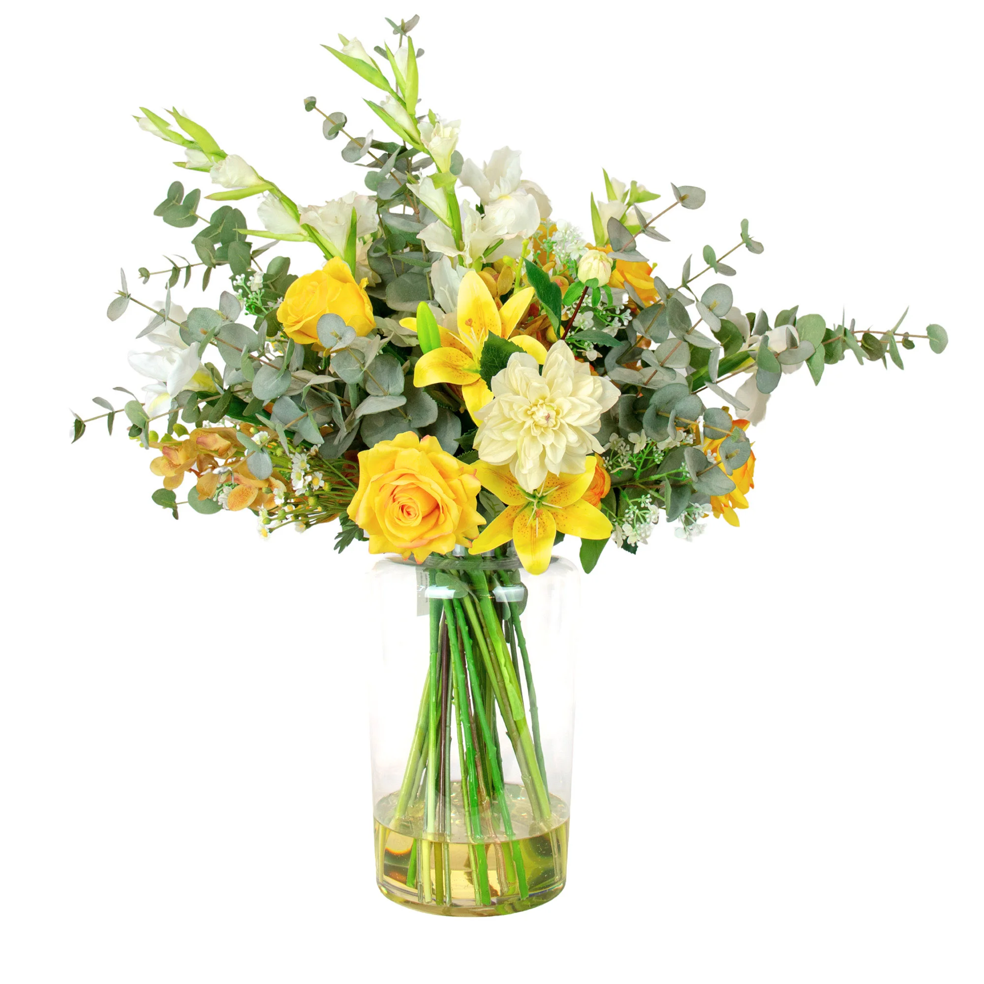 MIXED YELLOW CREAM ARRANGEMENT WITH EUCALYPTUS JAR VASE