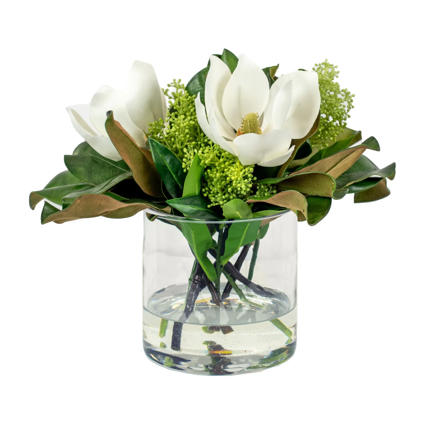 MAGNOLIA WHITE WITH SEEDED LEAF IN CYLINDER VASE