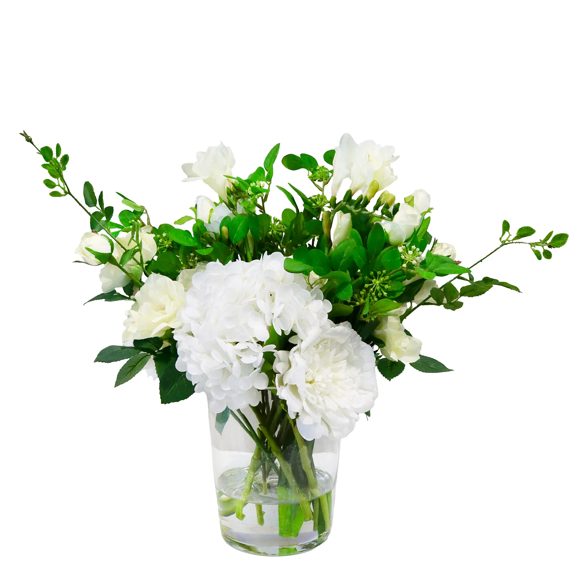 MIXED WHITE FLOWERS IN BUCKET GLASS VASE