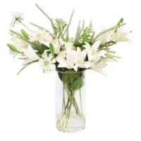 B461 LILY WHITE WITH SCABIOSA AND FOLIAGE IN CYLINDER VASE