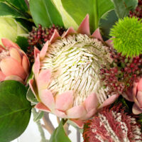 Artificial Protea arrangement with Azalea leaf and Berry stems set in a clear rectangular glass vase.
