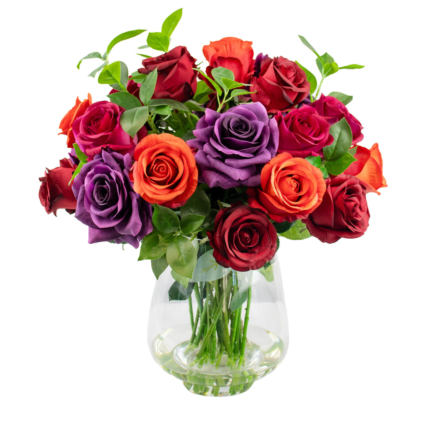 ROSES RED BEAUTY AND PURPLE IN GLASS VASE