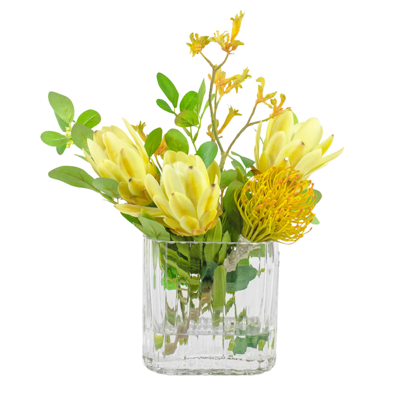 PROTEA YELLOW GREEN WITH FOILAGE IN RECT RIB VASE