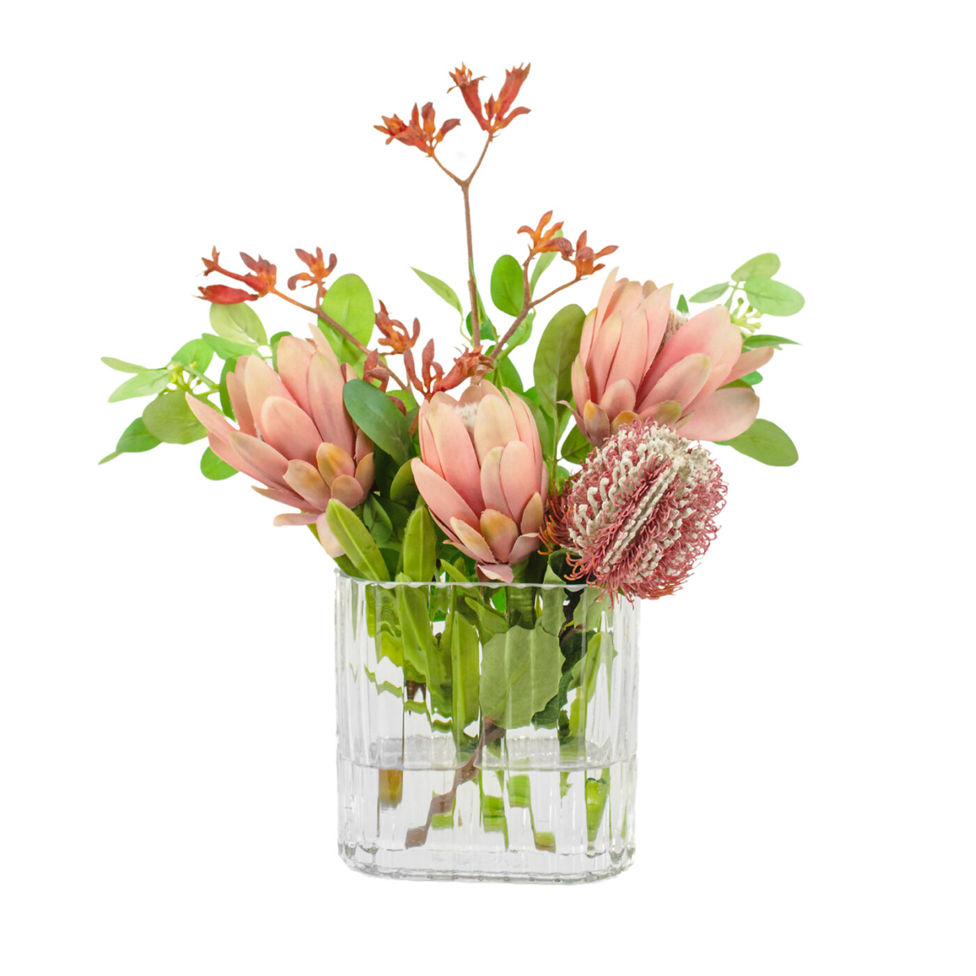PROTEA CORAL WITH FOILAGE IN SMALL RECT RIB VASE