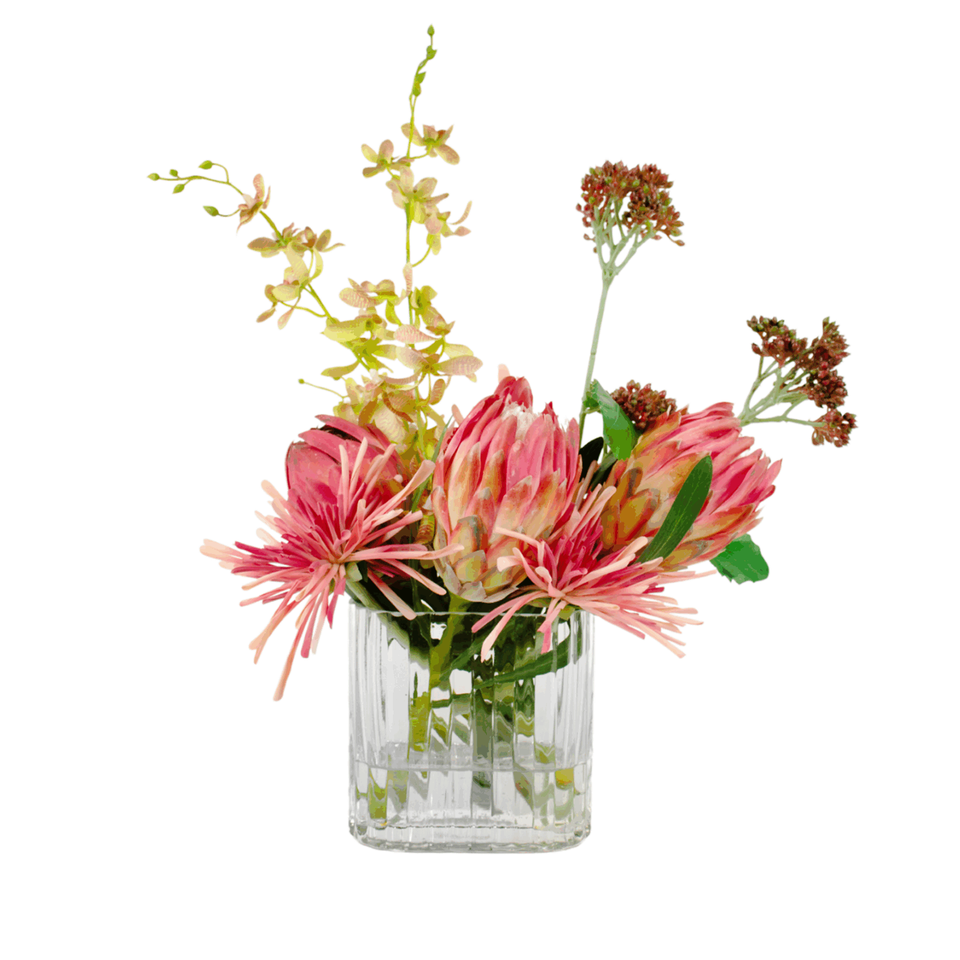 PROTEA RED WITH SPIDER MUM IN SMALL RECT RIB VASE