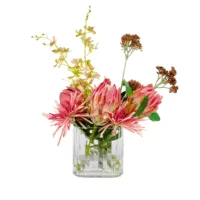 PROTEA RED WITH SPIDER MUM IN SMALL RECT RIB VASE