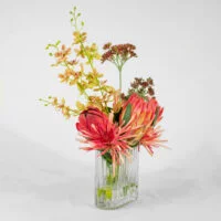 PROTEA RED WITH SPIDER MUM IN SMALL RECT RIB VASE