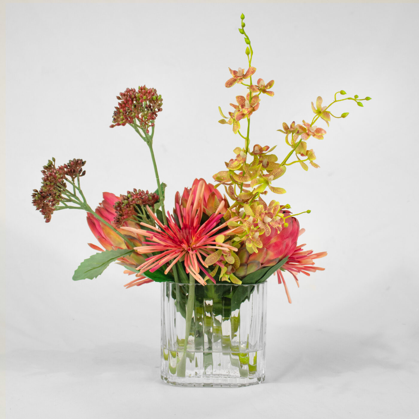 PROTEA RED WITH SPIDER MUM IN SMALL RECT RIB VASE