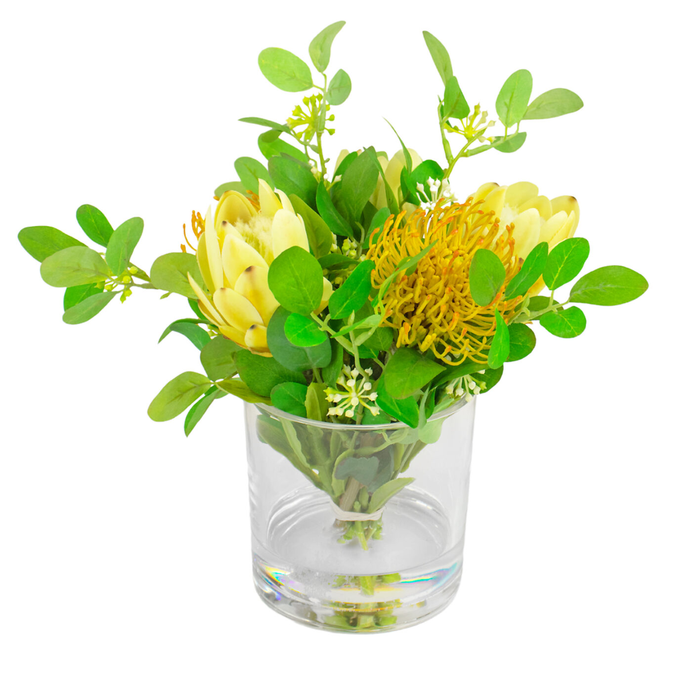 PROTEA OLIVE GREEN WITH LEUCOSPERM SPRAY IN 12CM VASE