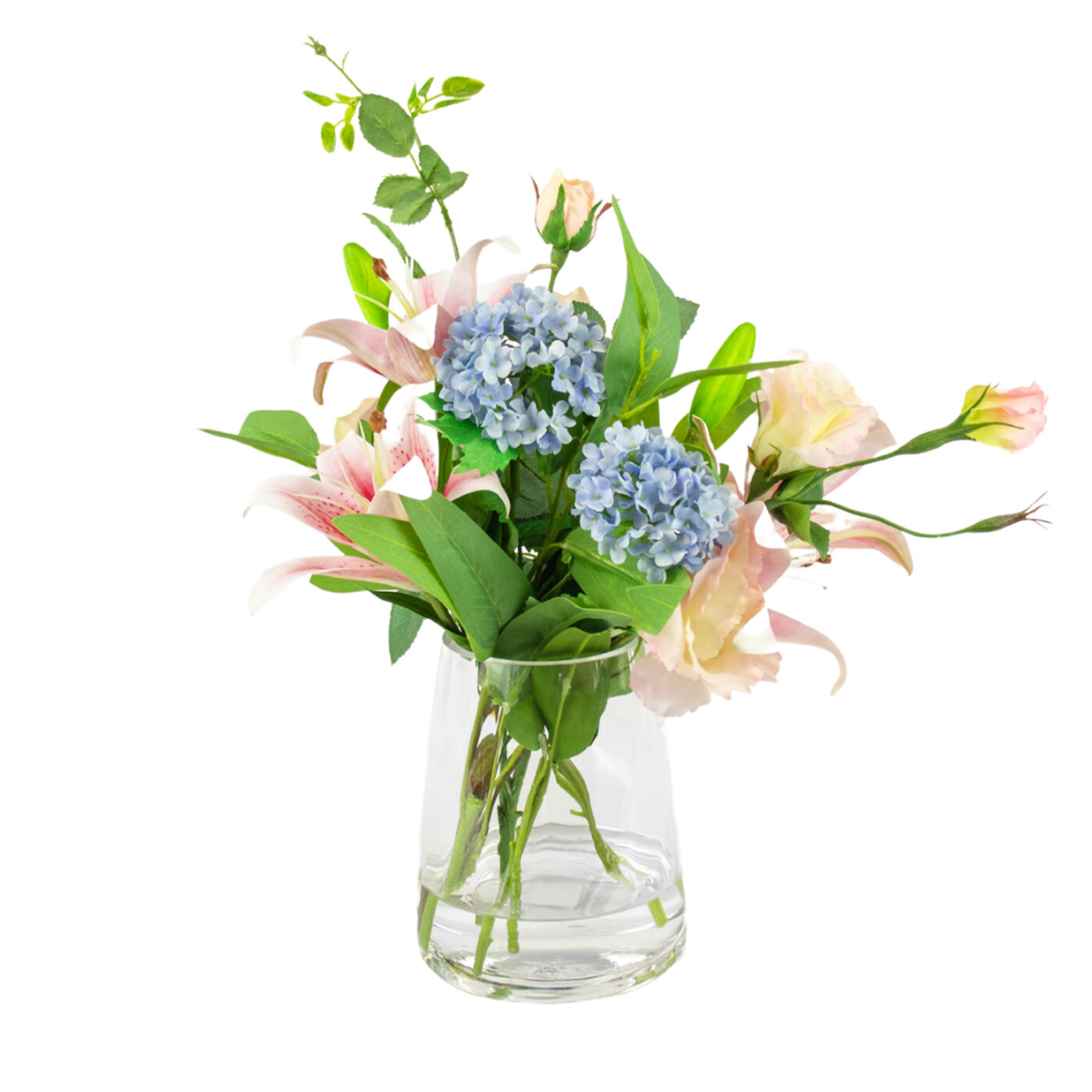 TIGER LILY PINK WITH BLUE SNOWBALL IN TAPERED VASE