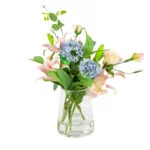 TIGER LILY PINK WITH BLUE SNOWBALL IN TAPERED VASE