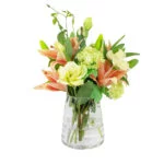 TIGER LILY ORANGE WITH LIME SNOWBALL IN TAPERED VASE