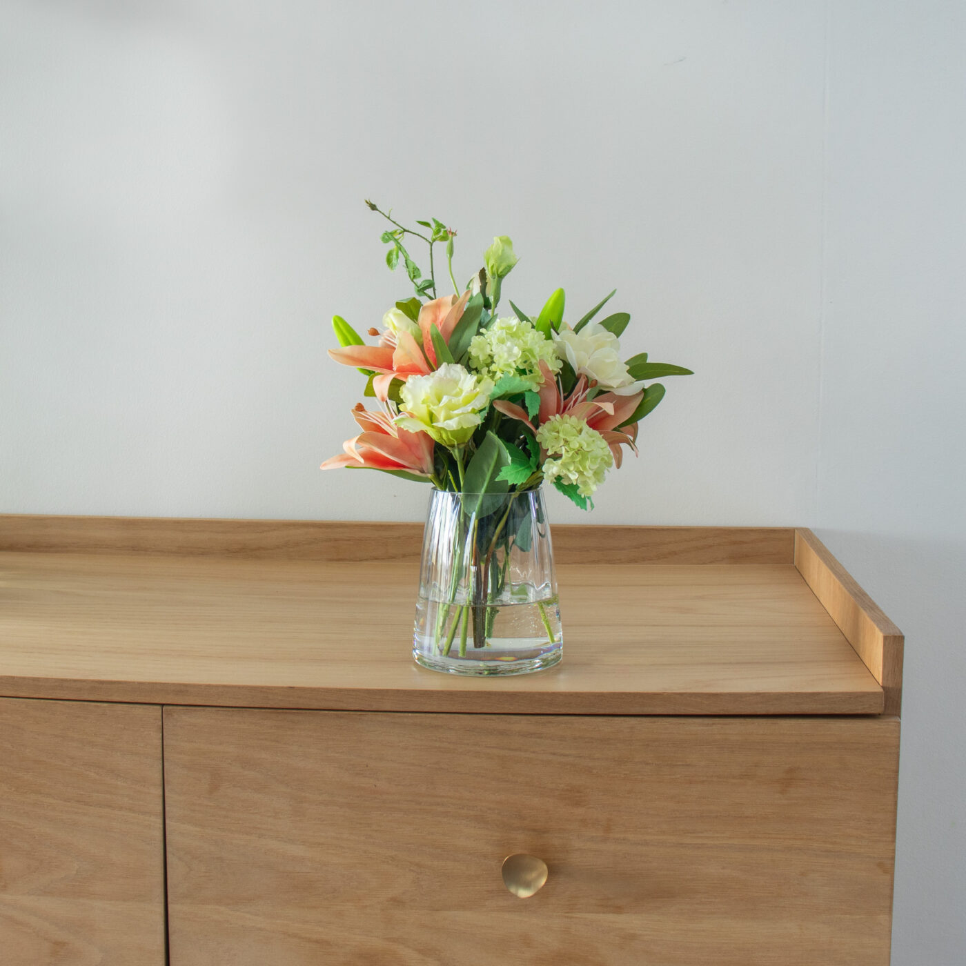 TIGER LILY ORANGE WITH LIME SNOWBALL IN TAPERED VASE