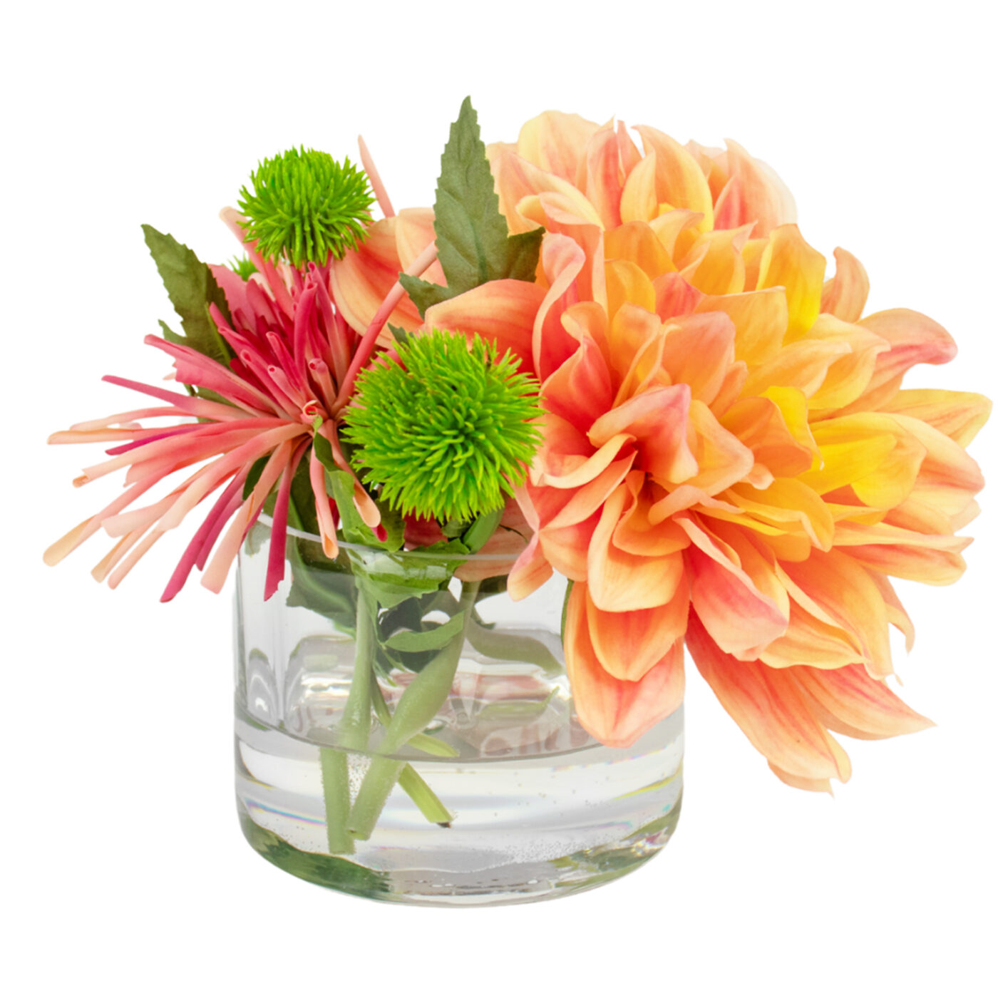 DAHLIA SALMON WITH SPIDER MUM IN SQUAT GLASS VASE