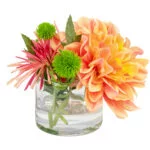 DAHLIA SALMON WITH SPIDER MUM IN SQUAT GLASS VASE