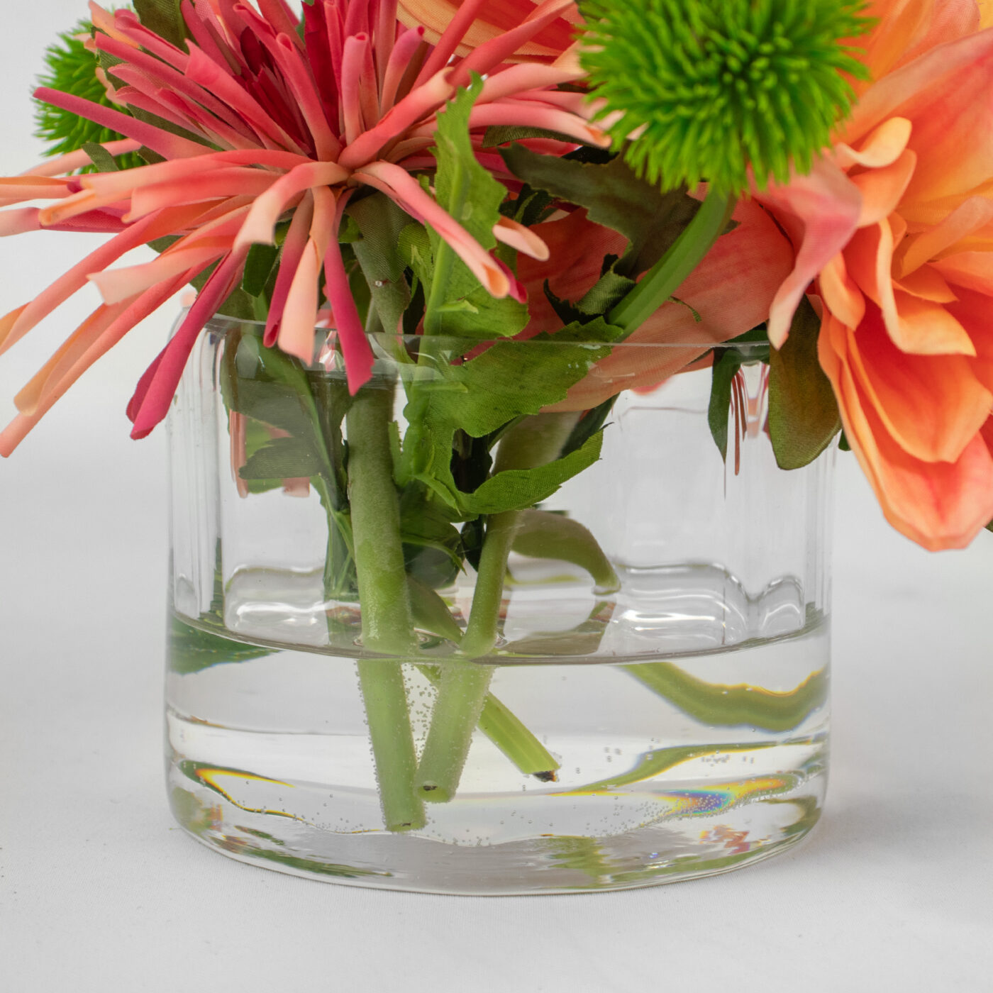 DAHLIA SALMON WITH SPIDER MUM IN SQUAT GLASS VASE - Image 2
