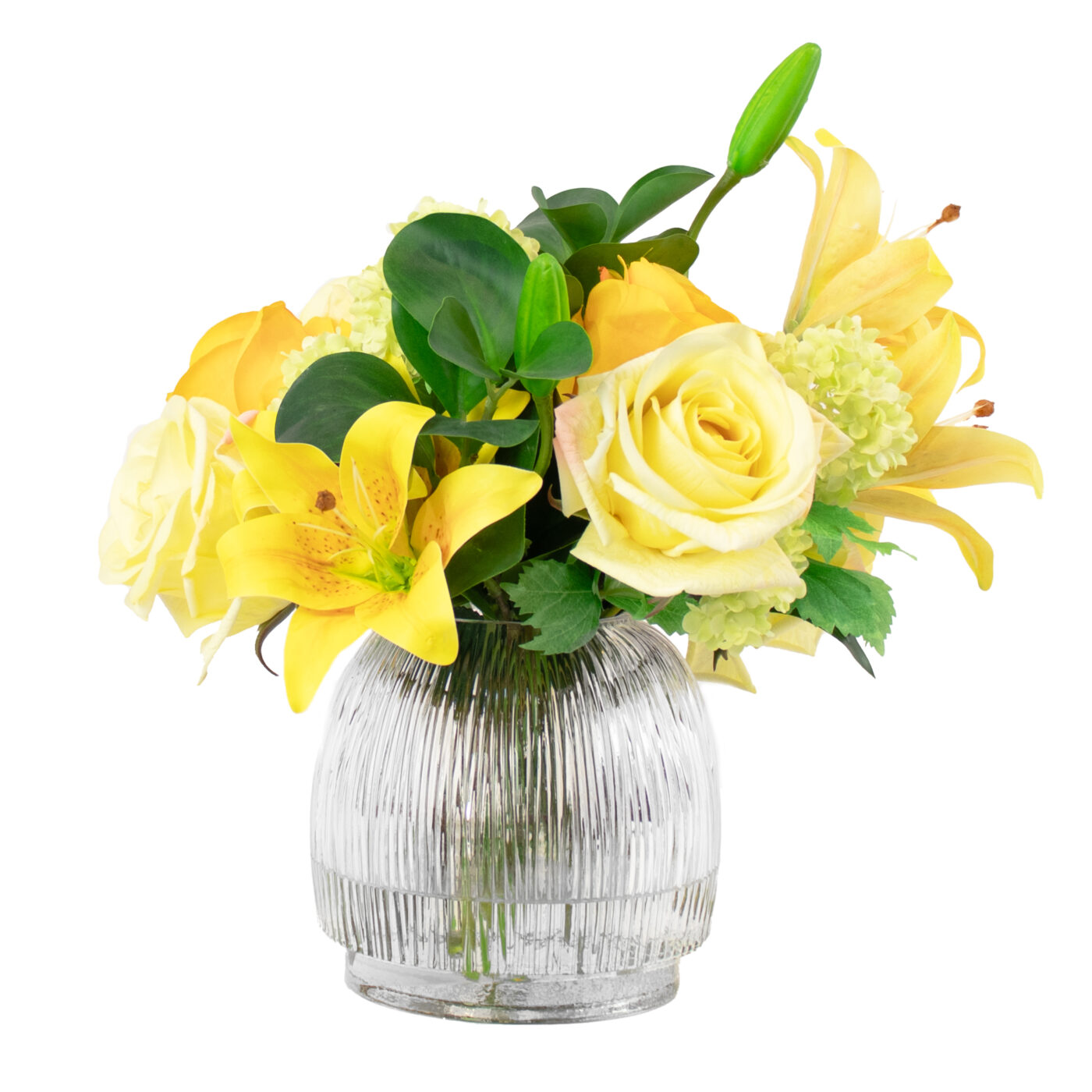 LILY AND ROSES YELLOW WITH SNOWBALL IN RIBBED VASE