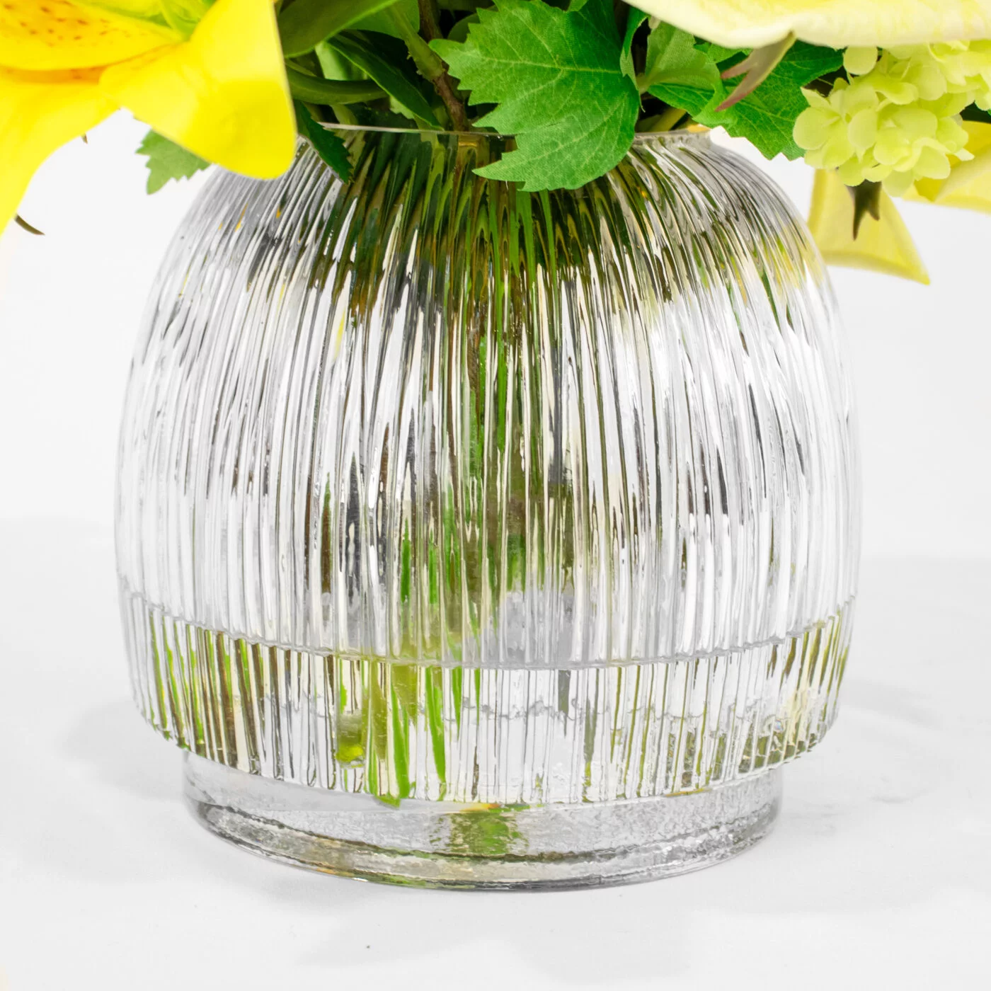 LILY AND ROSES YELLOW WITH SNOWBALL IN RIBBED VASE