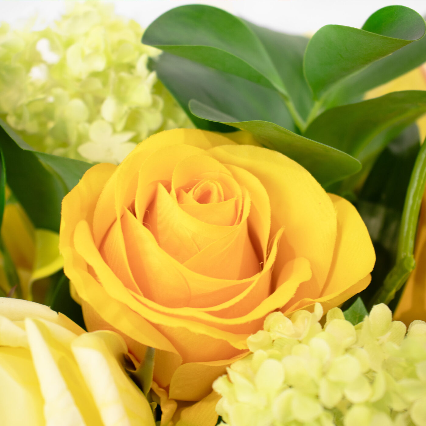 LILY AND ROSES YELLOW WITH SNOWBALL IN RIBBED VASE