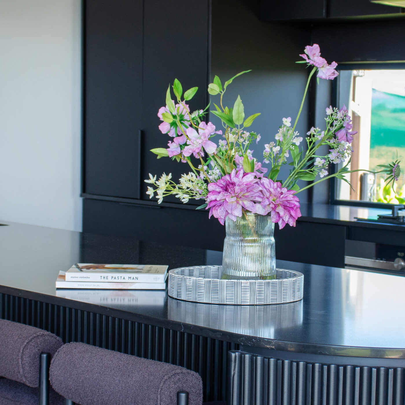 SCABIOSA AND DAHLIA LAVENDER IN RIBBED GLASS VASE