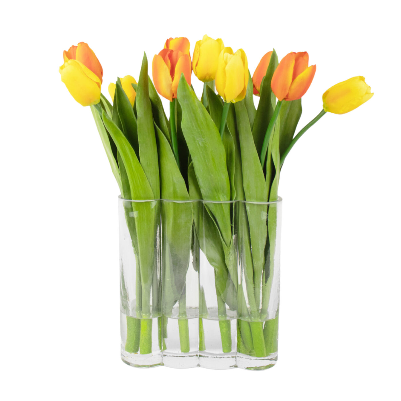 TULIPS YELLOW AND PINK IN RECTANGULAR GLASS VASE