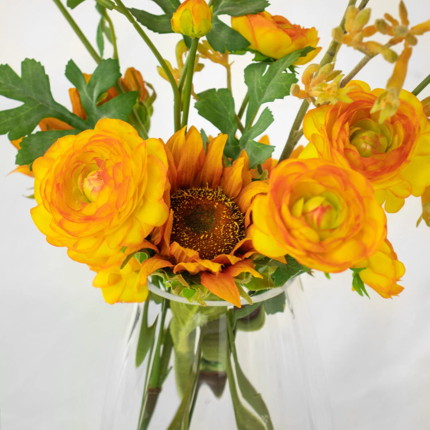 Gold Sunflower and Ranunculus flower arrangement