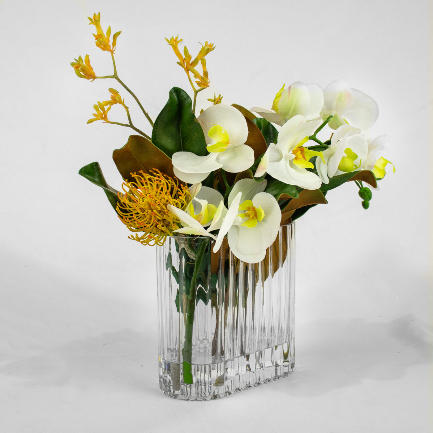 White Phalaenopsis orchid with Leucadendron arrangement