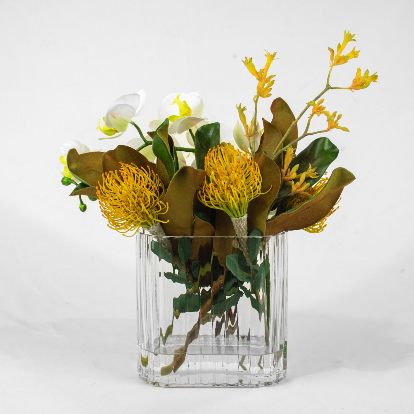 White Phalaenopsis orchid with Leucadendron arrangement