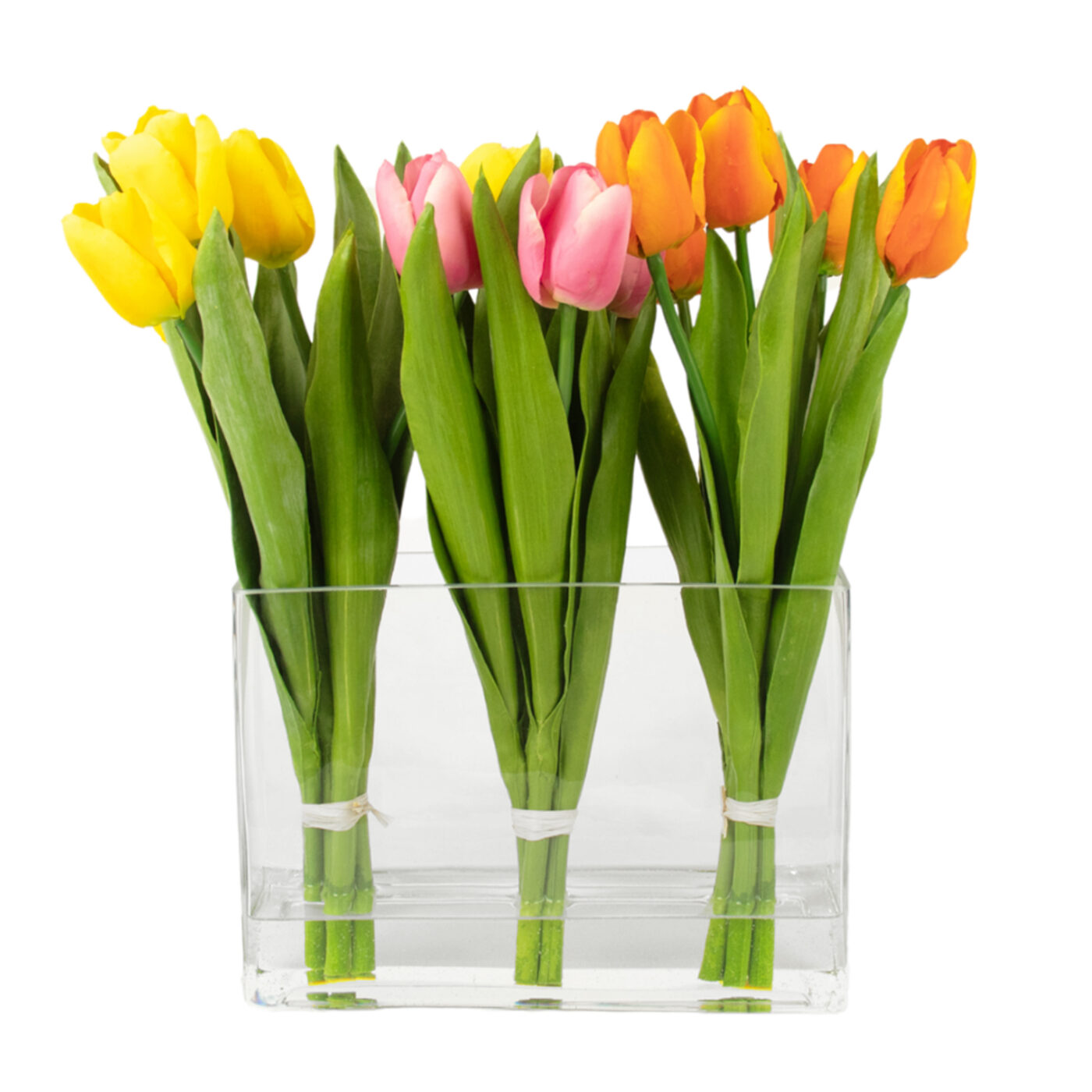 TULIPS ORANGE PINK AND YELLOW IN RECT VASE