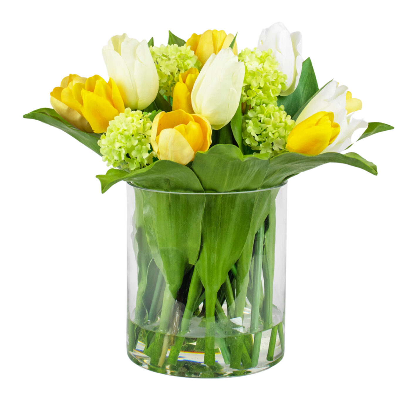 TULIPS YELLOW AND WHITE SNOWBALL IN CYLINDER VASE