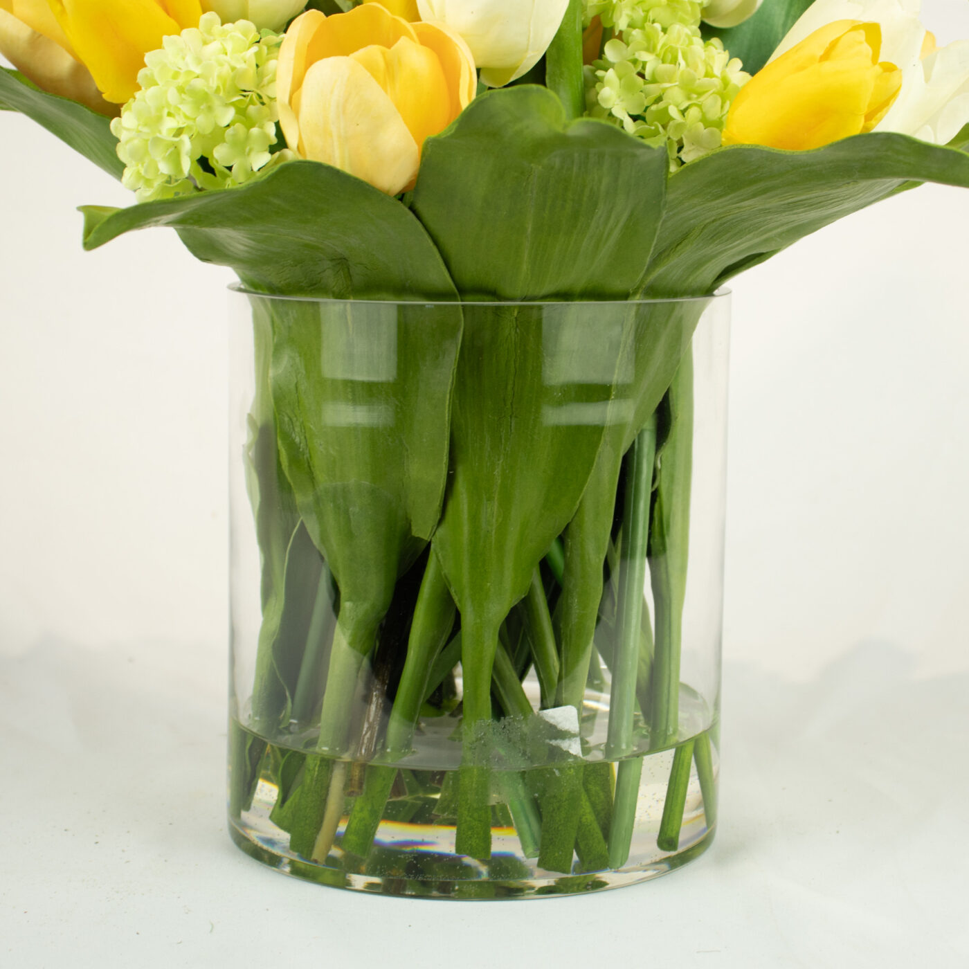 TULIPS YELLOW AND WHITE SNOWBALL IN CYLINDER VASE