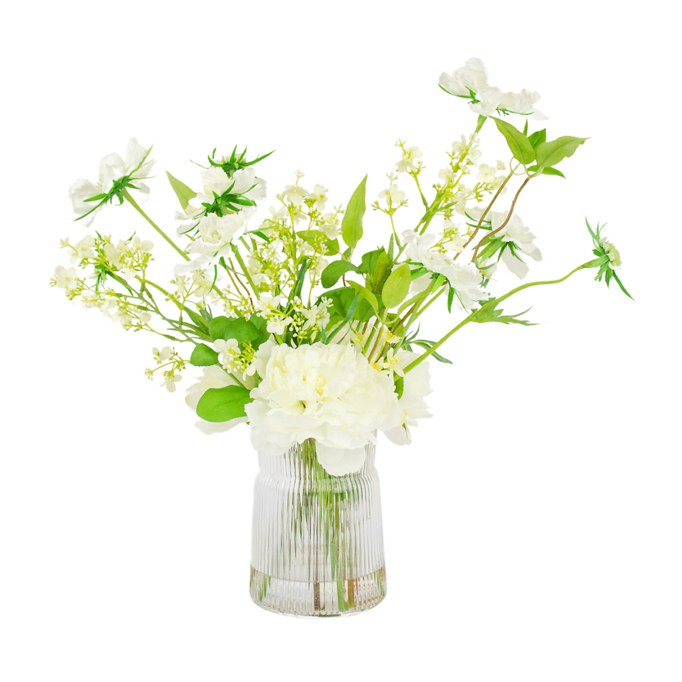 SCABIOSA AND PEONY WHITE IN RIBBED GLASS VASE