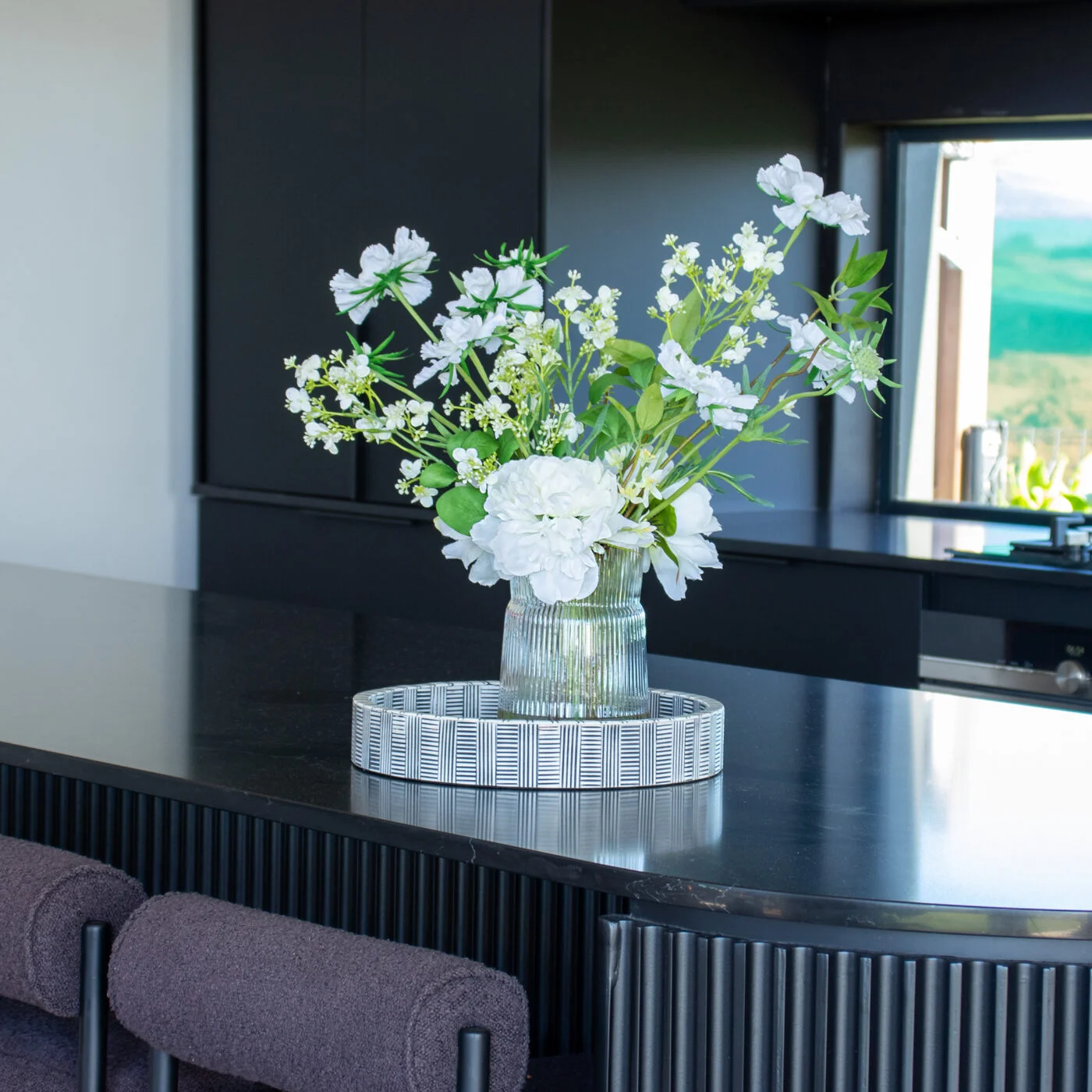 SCABIOSA AND PEONY WHITE IN RIBBED GLASS VASE