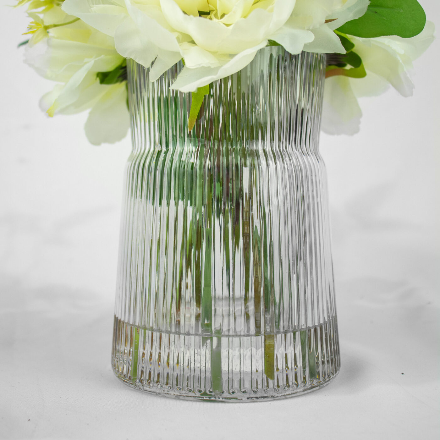SCABIOSA AND PEONY WHITE IN RIBBED GLASS VASE