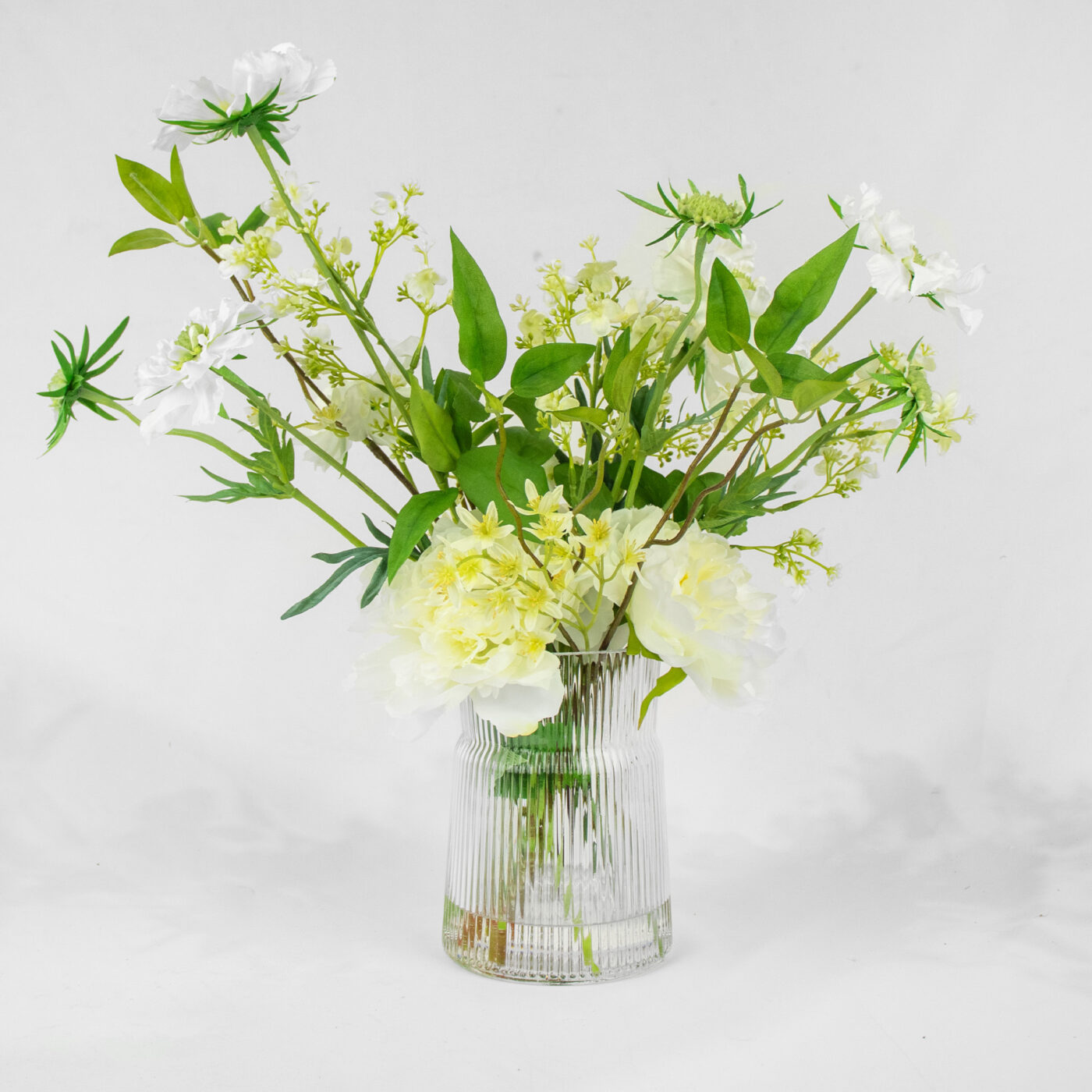 SCABIOSA AND PEONY WHITE IN RIBBED GLASS VASE