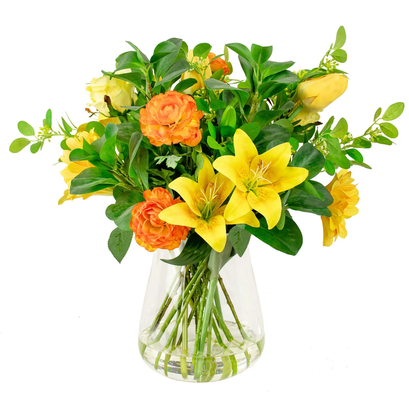 LILY RANUNCULUS ROSE ORANGE AND YELLOW IN GLASS VASE