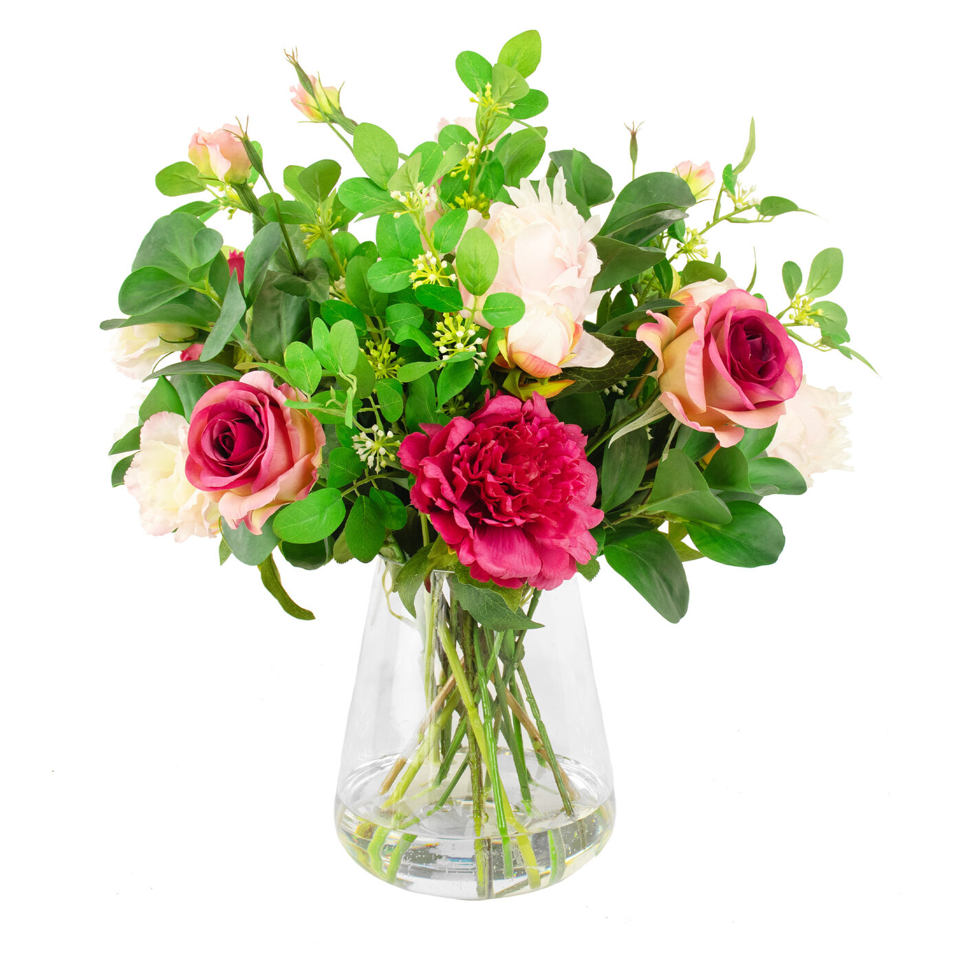 PEONY AND ROSE PINK WITH FOLIAGE IN GLASS VASE