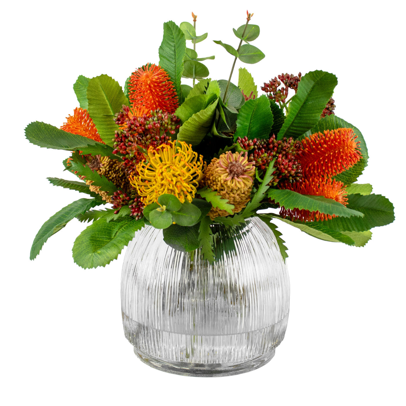 BANKSIA MIX WITH PROTEA IN RIBBED GLASS VASE