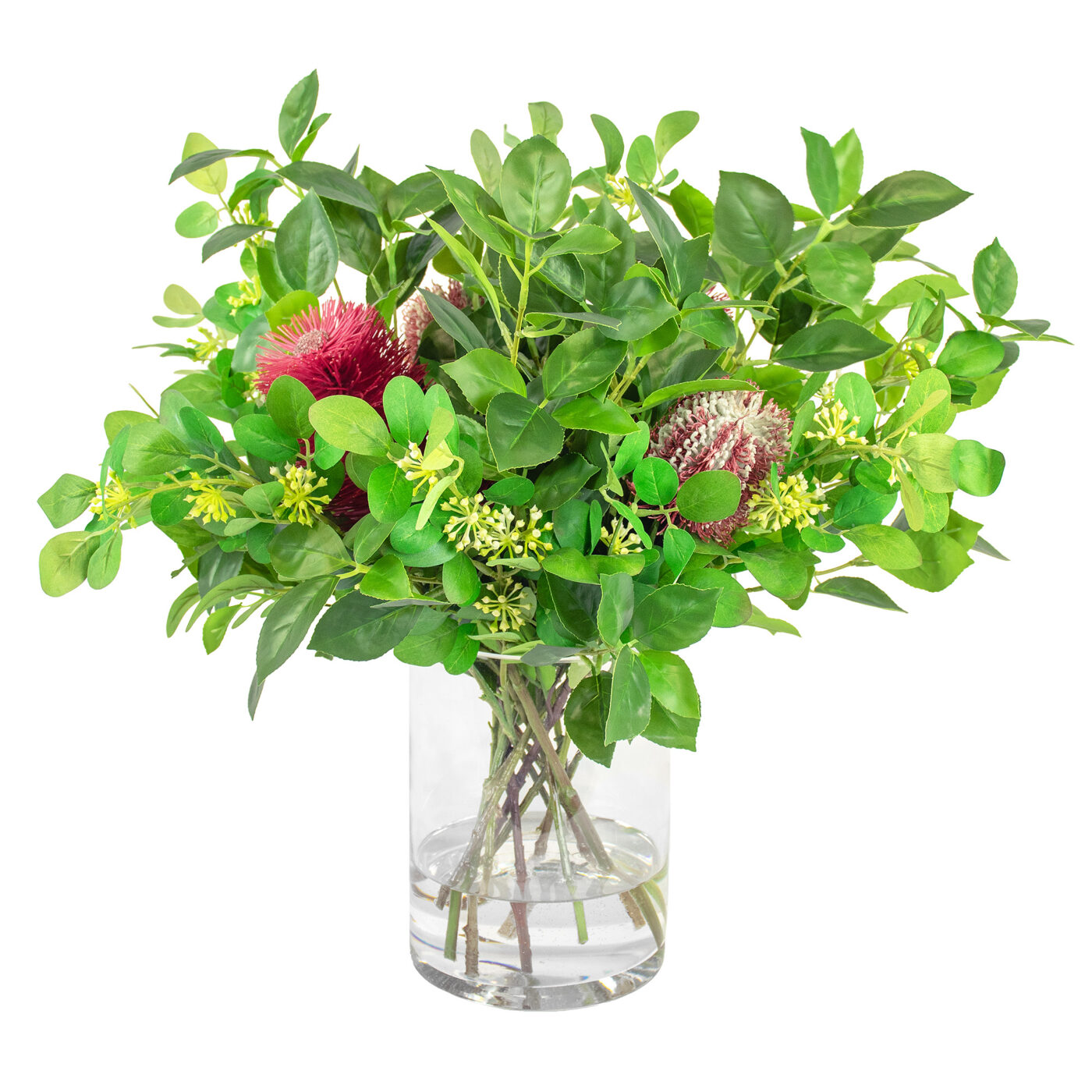 BANKSIA FUCHSIA WITH FOLIAGE IN GLASS VASE