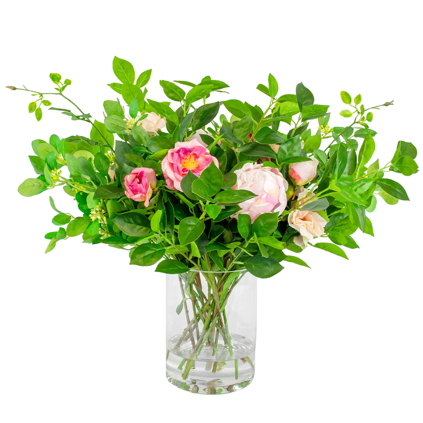 MIXED FOLIAGE WITH PINK PEONY AND ROSES