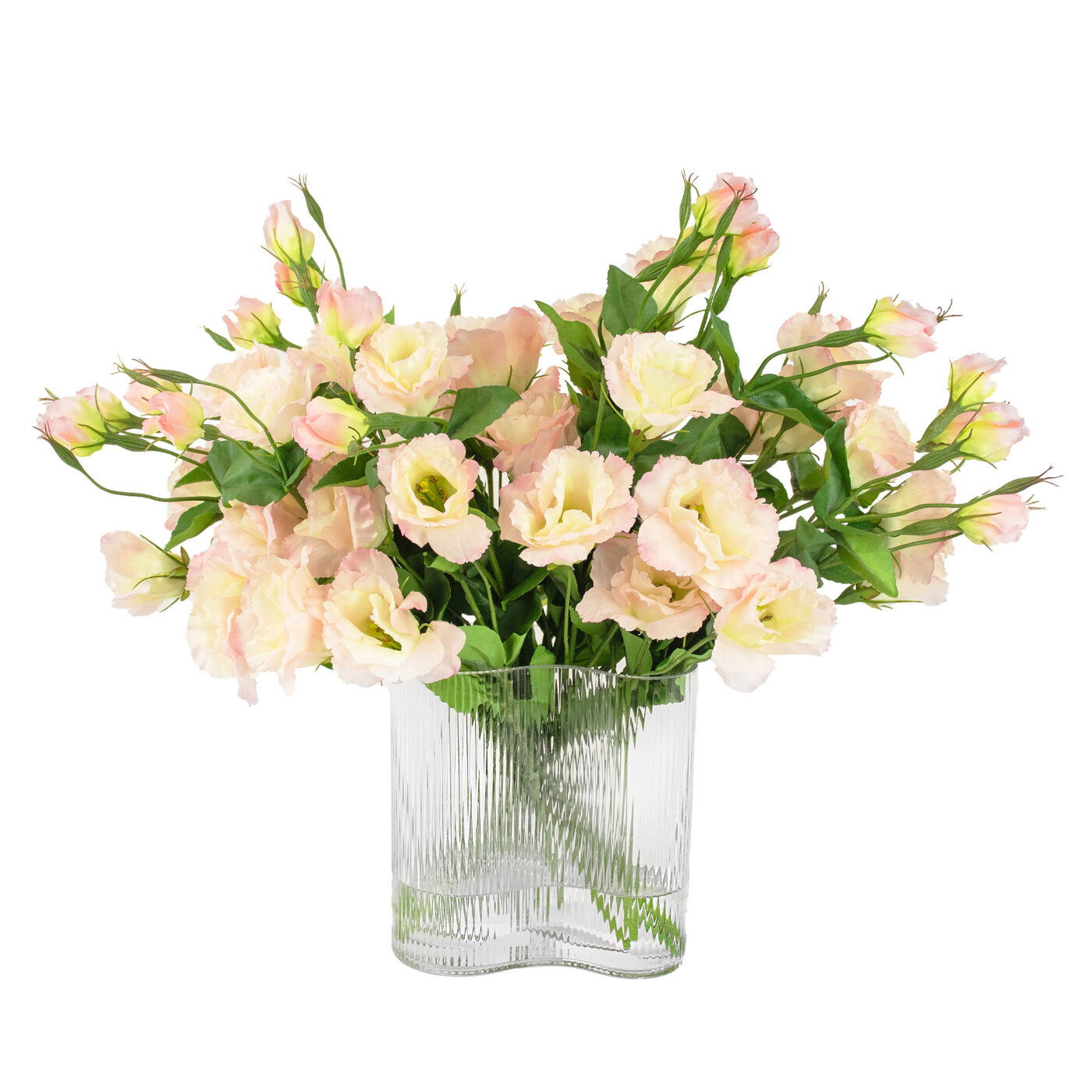 Pink Lavender Lisianthus flower arrangement set in a clear curved ribbed vase