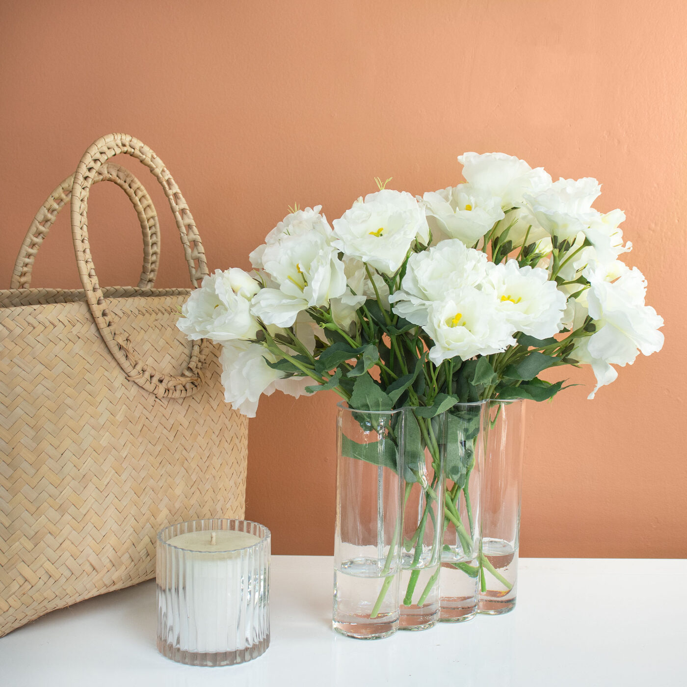 LISIANTHUS WHITE IN TUBULAR RECTANGLE VASE