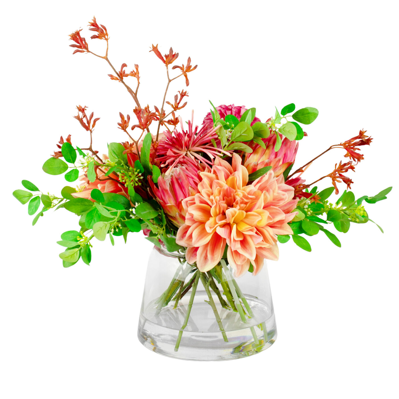 DAHLIA SALMON WITH POM POM MUM FUCHSIA IN JAR VASE